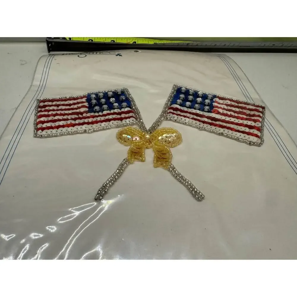 Elegance Vintage New Double American Flag Sequin Appliqué patches - lot of 6